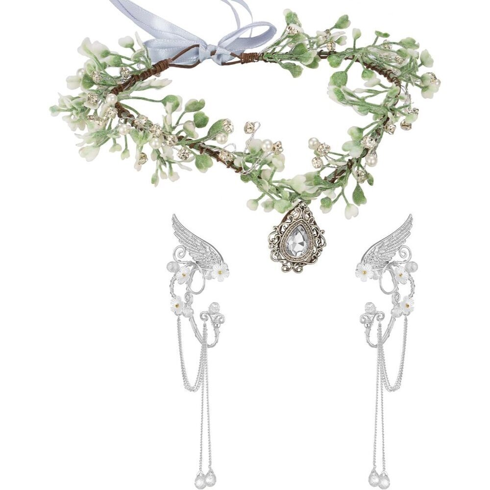 Fairy Elf Ears Cuffs Set Flower Crown Halloween Cosplay Medieval Tiara Women